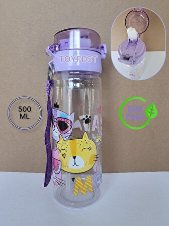 Pipetli Suluk Matara - Kilit Kapaklı Cat Meow Kedi Temalı - 500 ML