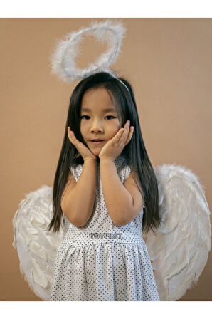 2 Parçalı Beyaz Tüylü Melek Kanadı ve Ortişli Melek Hare Taçlı Parti Kostümü Seti - (3 -7 Yaş Arası)