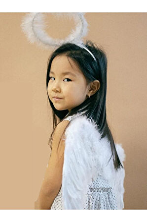 2 Parçalı Beyaz Tüylü Melek Kanadı ve Ortişli Melek Hare Taçlı Parti Kostümü Seti - (3 -7 Yaş Arası)