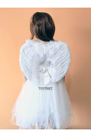 2 Parçalı Beyaz Tüylü Melek Kanadı ve Ortişli Melek Hare Taçlı Parti Kostümü Seti - (3 -7 Yaş Arası)