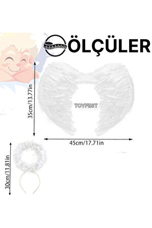 2 Parçalı Beyaz Tüylü Melek Kanadı ve Ortişli Melek Hare Taçlı Parti Kostümü Seti - (3 -7 Yaş Arası)