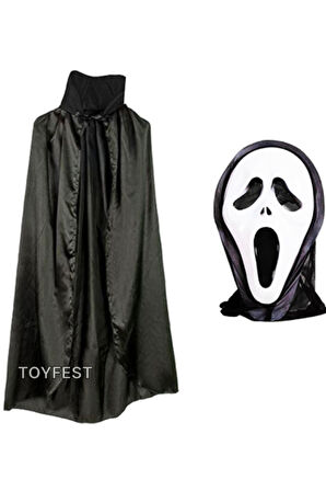 Cadılar Bayramı & Halloween - 2 Parçalı Çığlık & Scream Maske ve Yakalı Pelerinli Kostüm Seti 120 cm