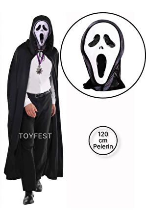 Cadılar Bayramı & Halloween - 2 Parçalı Çığlık Scream Maske ve Kapüşonlu Pelerin Kostüm Seti 120 cm