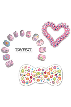 Renkli Stickers lı Çocuk Takma Tırnak Seti ve Toka & Bileklik