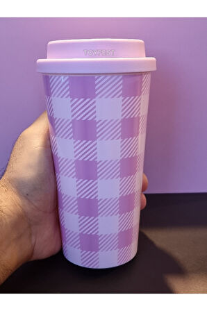 Pembe - Lila Ekoseli Mug ve Simli Kulak Boynuz Dekorlu Yumuşak Peluş Kulaklık 2 li Set