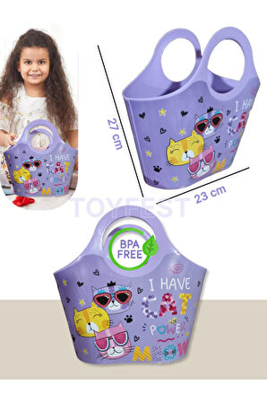 Çok Amaçlı Lila Çocuk Günlük & Plaj Çantası - Meow Kedi Model - 5 LT
