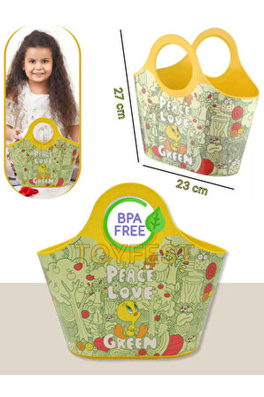 Çok Amaçlı Sarı Çocuk Günlük & Plaj Çantası - Peace Love Green Tweety Model - 5 LT