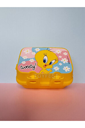 Kilit Kapaklı 2 Katlı 4 Bölmeli Kaşık ve Çatallı Dikdörtgen Lunch Box & Beslenme - Tweety Temalı