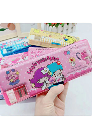 Çift Taraflı Çok Bölmeli Kalemtıraşlı Kalem Kutusu - Little Twin Stars - 23 CM