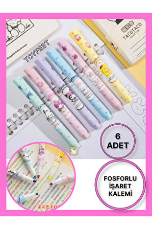 Fosforlu Kalem Seti - Hello Kitty - Kuromi - My Melody - Cinnamoroll - Pompompurin - Pochacco 6 ADET