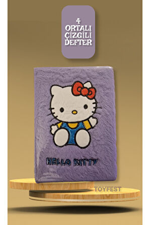 Yumuşak Tüy Kaplamalı 4 Ortalı Hello Kitty Temalı Çizgili Defter Günlük - Pastel Lila