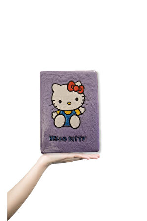 Yumuşak Tüy Kaplamalı 4 Ortalı Hello Kitty Temalı Çizgili Defter Günlük - Pastel Lila