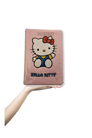 Yumuşak Tüy Kaplamalı 4 Ortalı Hello Kitty Temalı Çizgili Defter Günlük - Pastel Pembe