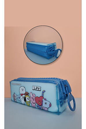 BTS BT21 Temalı Dev Fermuarlı Kalemlik Şeffaf Kalem Kutusu Çantası - Pastel Mavi