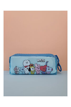 BTS BT21 Temalı Dev Fermuarlı Kalemlik Şeffaf Kalem Kutusu Çantası - Pastel Mavi