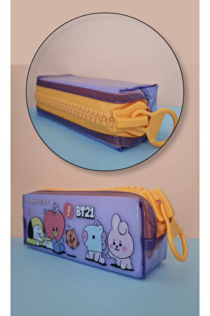 BTS BT21 Temalı Dev Fermuarlı Kalemlik Şeffaf Kalem Kutusu Çantası - Pastel Mor