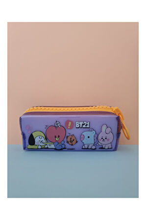BTS BT21 Temalı Dev Fermuarlı Kalemlik Şeffaf Kalem Kutusu Çantası - Pastel Mor
