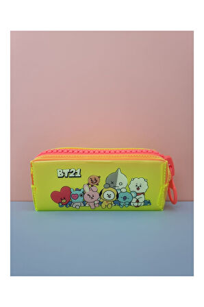 BTS BT21 Temalı Dev Fermuarlı Kalemlik Şeffaf Kalem Kutusu Çantası - Pastel Sarı
