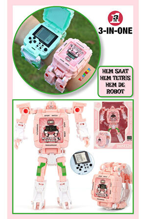 Tetris Oyunlu Transformers Robot Saat - Pastel Pembe