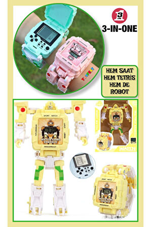 Tetris Oyunlu Transformers Robot Saat - Pastel Sarı