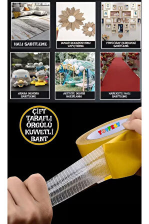Çift Taraflı Örgülü Kuvvetli Bant - Halı Kaydırmaz - Dekor Yapıştıran - Geniş Kullanım Alanı - 10 Mt
