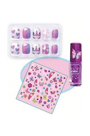 Tokidas BFF Nail Playing Set - Kelebek Modeli Ojeli Stickerlı Çocuk Takma Tırnak Seti Güzellik Seti