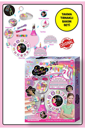 Tokidas D.I.Y Nail Playing/Glow in the Dark - Unicorn Temalı Stickerlı Glow Çocuk Takma Tırnak Seti T035