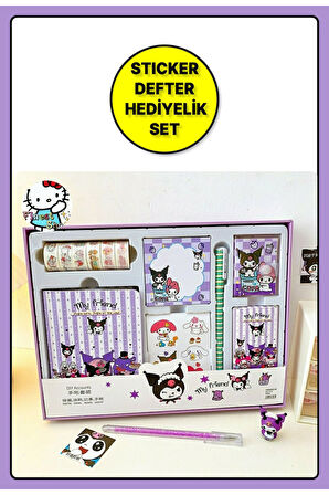 Sanrio Kuromi Kawaii Anime Defter + Notluk + Sticker + Blok Not + Kalem ve fazlası Hediyelik Set