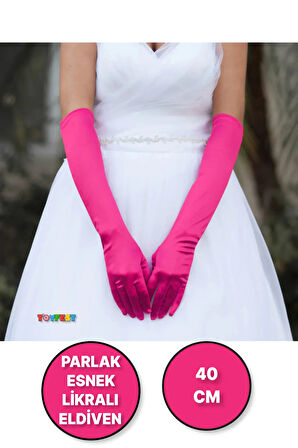 Uzun Boy Parlak Esnek Likralı Eldiven 40 Cm - 1 Çift - Fuşya
