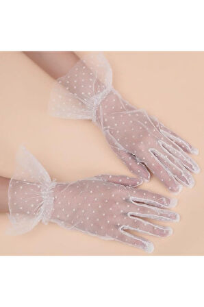 Güpürlü Tüllü Puantiyeli Şeffaf Parti Kostüm Kına Düğün & Gelin Eldiveni BEYAZ