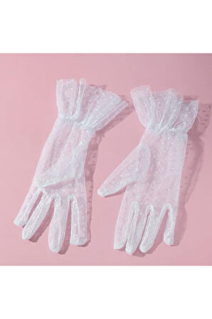 Güpürlü Tüllü Puantiyeli Şeffaf Parti Kostüm Kına Düğün & Gelin Eldiveni BEYAZ