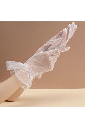Güpürlü Tüllü Puantiyeli Şeffaf Parti Kostüm Kına Düğün & Gelin Eldiveni BEYAZ
