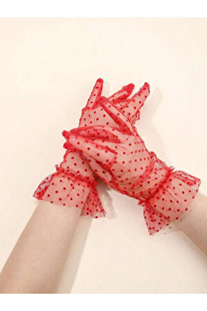 Güpürlü Tüllü Puantiyeli Şeffaf Parti Kostüm Kına Düğün & Gelin Eldiveni KIRMIZI