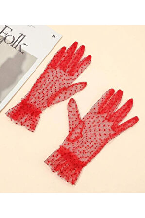 Güpürlü Tüllü Puantiyeli Şeffaf Parti Kostüm Kına Düğün & Gelin Eldiveni KIRMIZI