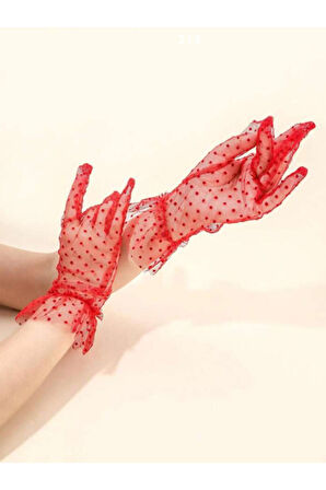 Güpürlü Tüllü Puantiyeli Şeffaf Parti Kostüm Kına Düğün & Gelin Eldiveni KIRMIZI