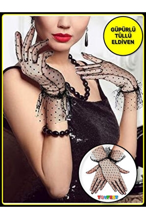 Güpürlü Tüllü Puantiyeli Şeffaf Parti Kostüm Kına Düğün & Gelin Eldiveni SİYAH