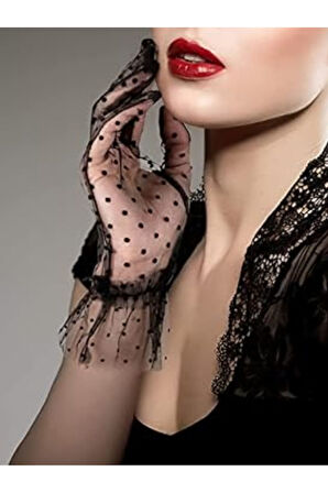 Güpürlü Tüllü Puantiyeli Şeffaf Parti Kostüm Kına Düğün & Gelin Eldiveni SİYAH