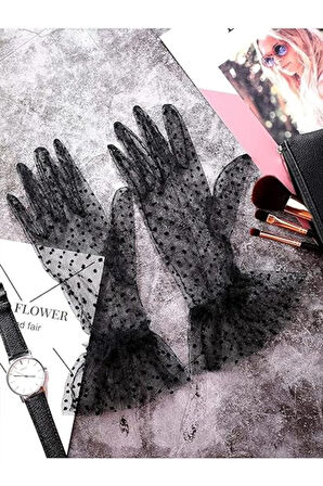 Güpürlü Tüllü Puantiyeli Şeffaf Parti Kostüm Kına Düğün & Gelin Eldiveni SİYAH