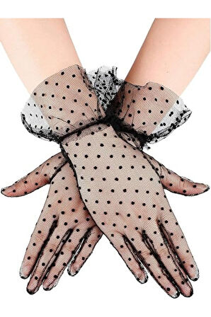 Güpürlü Tüllü Puantiyeli Şeffaf Parti Kostüm Kına Düğün & Gelin Eldiveni SİYAH