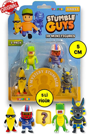 Stumble Guys Seri 1 - 3D Mini 1 i Sürpriz olan 5 li Figür Seti - T-rex Quarterback Banana Guy Anubis