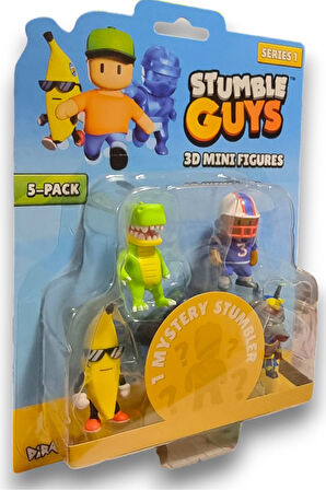 Stumble Guys Seri 1 - 3D Mini 1 i Sürpriz olan 5 li Figür Seti - T-rex Quarterback Banana Guy Anubis