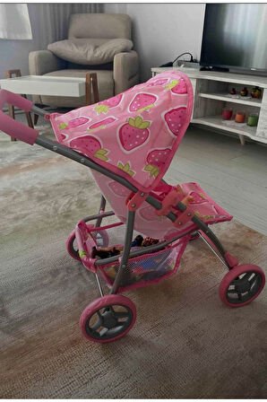 4 Tekerlekli Metal İskeletli Katlanabilir Çilek Desenli Çocuk Oyuncak Bebek Arabası Puset - 55 CM
