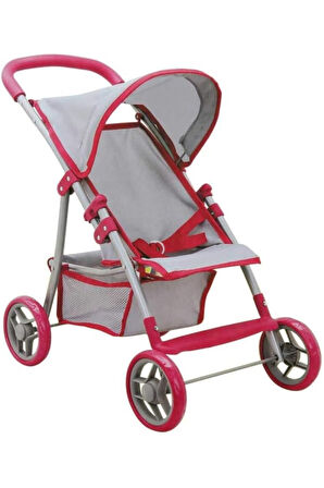 4 Tekerlekli Metal İskeletli Katlanabilir Gri - Pembe Çocuk Oyuncak Bebek Arabası Puset - 55 CM