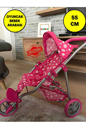 3 Tekerlekli Metal İskeletli Katlanabilir Puantiye Desenli Çocuk Oyuncak Bebek Arabası Puset - 55 CM