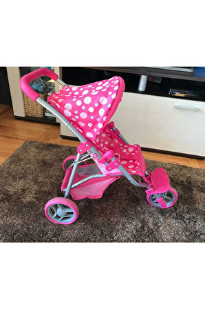 3 Tekerlekli Metal İskeletli Katlanabilir Puantiye Desenli Çocuk Oyuncak Bebek Arabası Puset - 55 CM