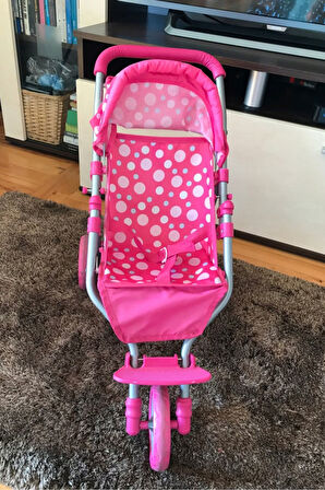 3 Tekerlekli Metal İskeletli Katlanabilir Puantiye Desenli Çocuk Oyuncak Bebek Arabası Puset - 55 CM