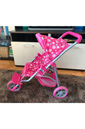 3 Tekerlekli Metal İskeletli Katlanabilir Puantiye Desenli Çocuk Oyuncak Bebek Arabası Puset - 55 CM
