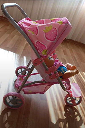 3 Tekerlekli Metal İskeletli Katlanabilir Çilek Desenli Çocuk Oyuncak Bebek Arabası Puset - 55 CM