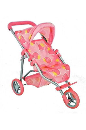 3 Tekerlekli Metal İskeletli Katlanabilir Çilek Desenli Çocuk Oyuncak Bebek Arabası Puset - 55 CM