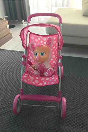 4 Tekerlekli Metal İskeletli Katlanabilir Puantiye Desenli Çocuk Oyuncak Bebek Arabası Puset - 55 CM